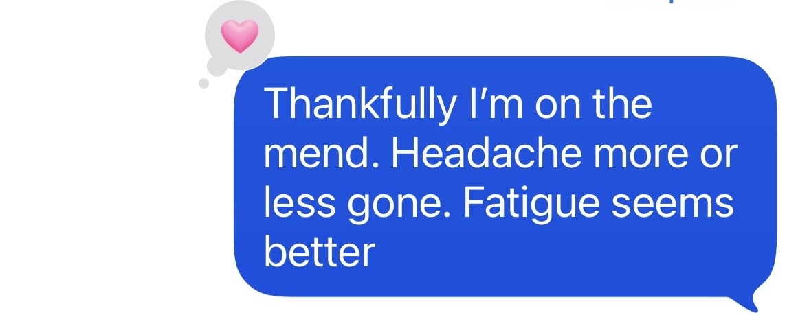 "Thankfully, I'm on the mend. Headache more or less gone. Fatigue seems better"