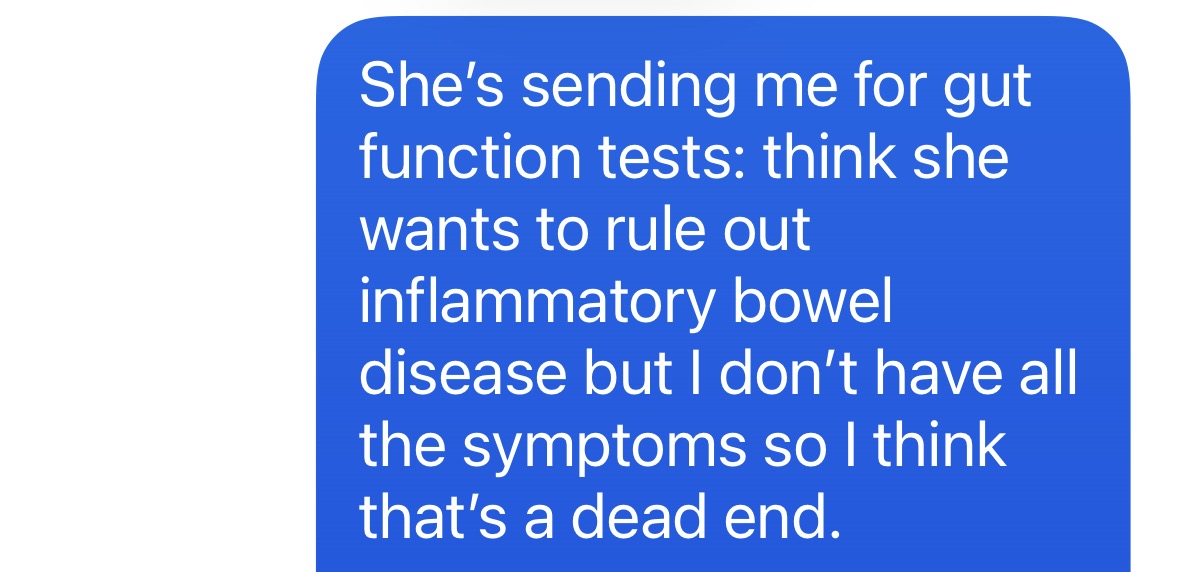 "She's sending me for gut function tests: think she wants to rule out inflammatory bowel disease but I don't have all the symptoms so I think that's a dead end."