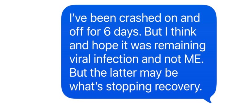 "I've been crashed on and off for six days. But I think and hope it was remaining viral infection and not ME. But the latter may be what's stopping recovery."