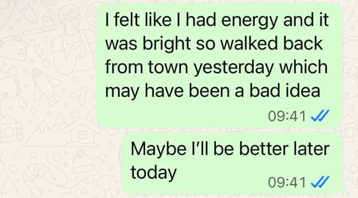 "I felt like I had energy. And it was bright, so walked back from town yesterday, which may have been a bad idea. Maybe I'll be better later today."