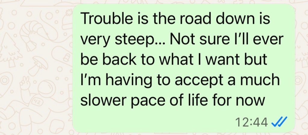 "Trouble is the road down is very steep... Not sure I'll ever be back to what I want but I'm having to accept a much slower pace of life for now"